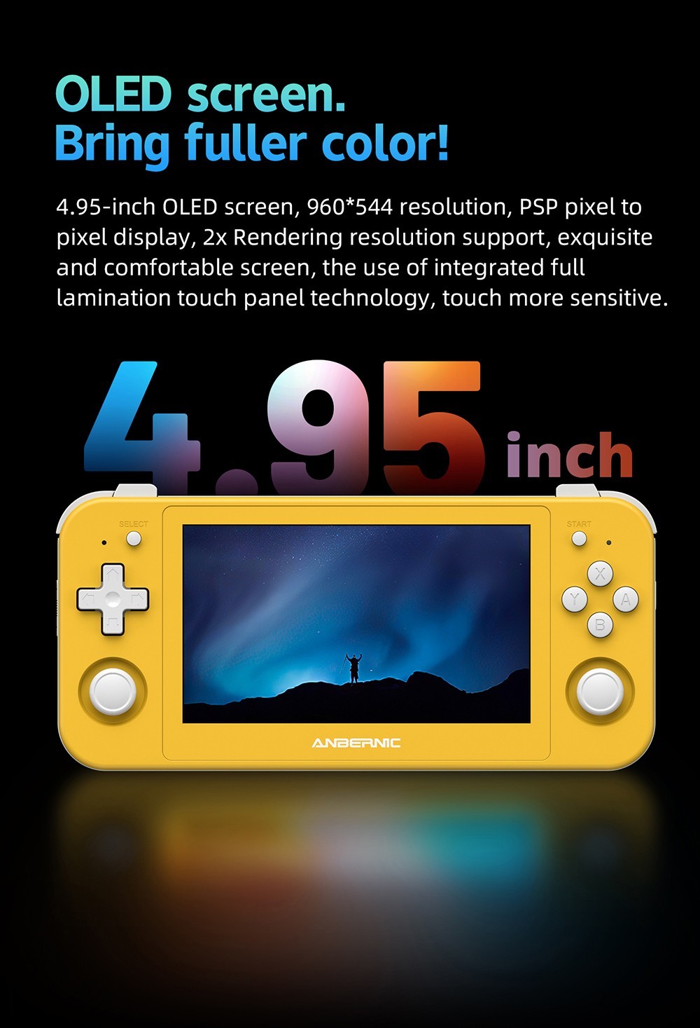 ANBERNIC RG505 Handheld Game Console, Unisoc Tiger T618 64-bit Cota-core, 4.95'' OLED Touch Screen, 4+128GB Memory, Android 12, 5000mAh Battery, 8H Play Time, 2.4/5G WiFi - Yellow