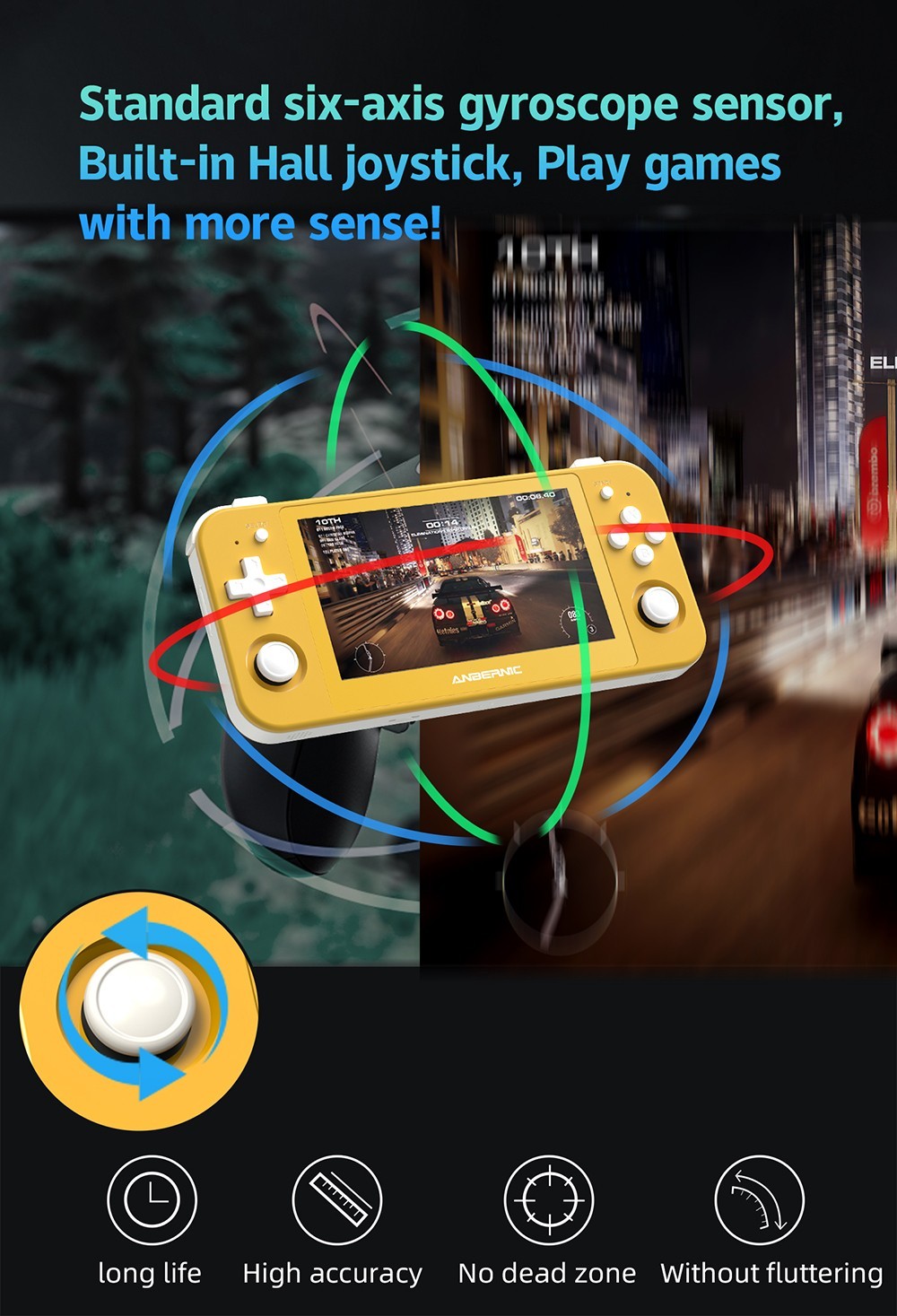 ANBERNIC RG505 Handheld Game Console, Unisoc Tiger T618 64-bit Cota-core, 4.95'' OLED Touch Screen, 4+128GB Memory, Android 12, 5000mAh Battery, 8H Play Time, 2.4/5G WiFi - Yellow
