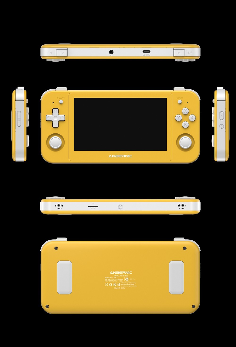 ANBERNIC RG505 Handheld Game Console, Unisoc Tiger T618 64-bit Cota-core, 4.95'' OLED Touch Screen, 4+128GB Memory, Android 12, 5000mAh Battery, 8H Play Time, 2.4/5G WiFi - Yellow