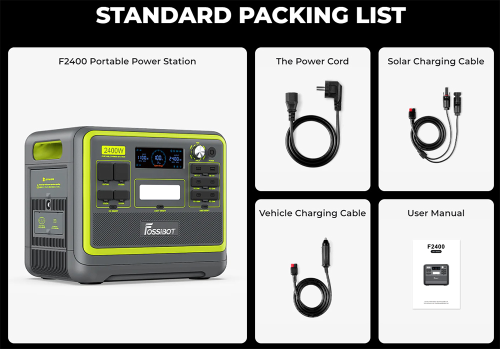 FOSSiBOT F2400 Portable Power Station, 2048Wh/640000mAh LiFePO4 Battery, 2400W(4600W Peak) Solar Generator, 3xAC RV Car USB Type-C QC3.0 PD DC5521 Pure Sine Wave Full Outlets, 1.5 Hours Fast Charging, UPS Function, MPPT Charge Controller BMS - Black