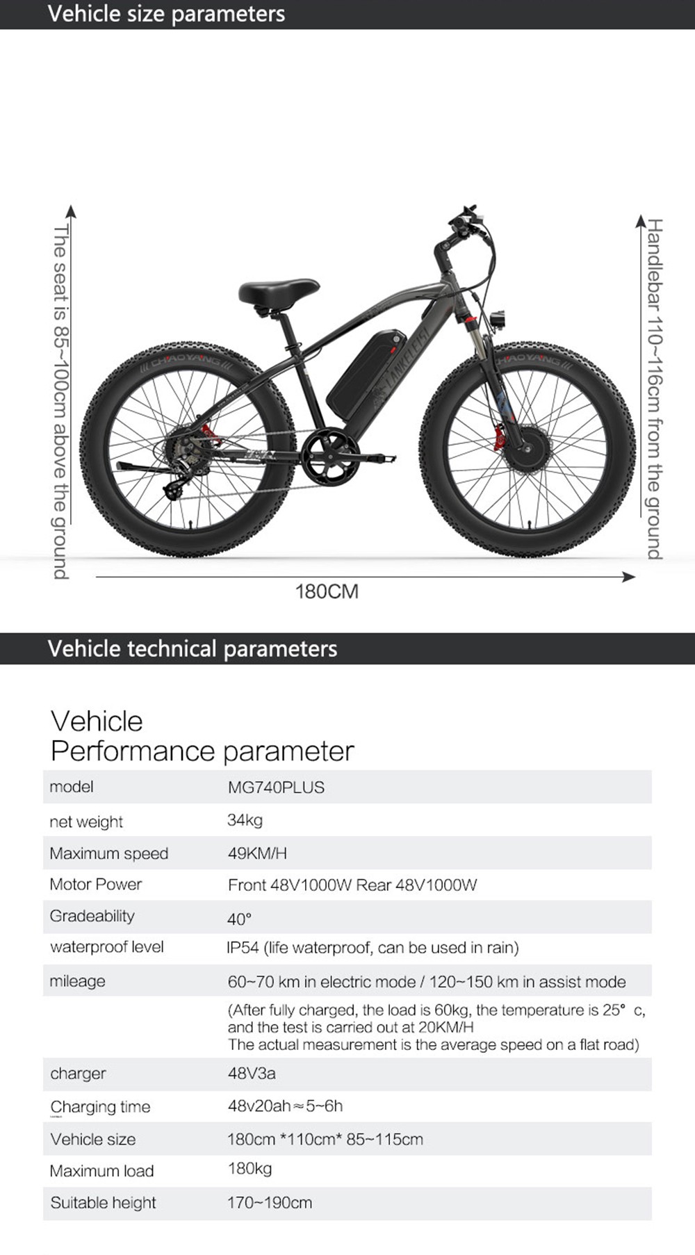 LANKELEISI MG740 PLUS Electric Bike 26*4.0'' Tires 1000W*2 Dual Motor 20Ah Battery 49km/h Max Speed - Black & Blue