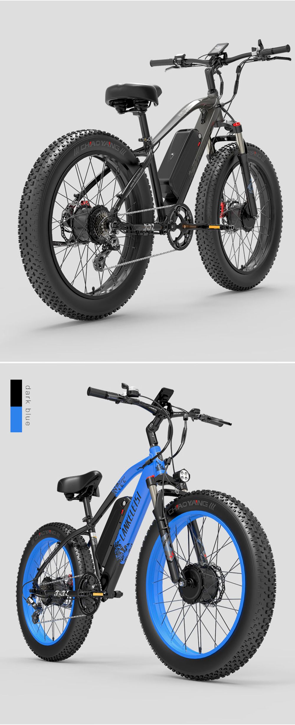 LANKELEISI MG740 PLUS Electric Bike 26*4.0'' Tires 1000W*2 Dual Motor 20Ah Battery 49km/h Max Speed - Black & Blue
