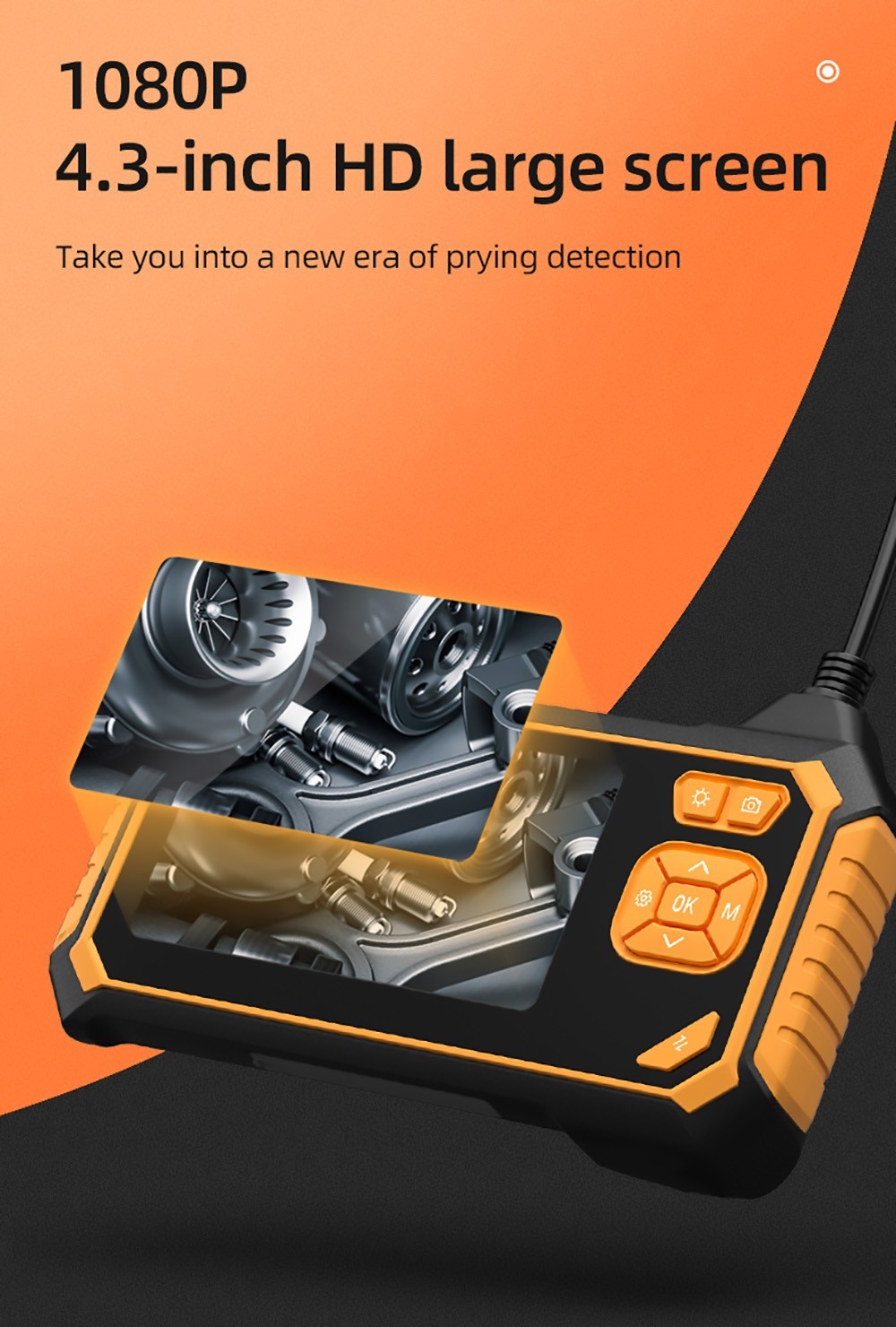ANESOK 113B Endoscope, 4.3 inch LED Display, Dual Lens, 1080P Resolution, 6 Adjustable LED Lights, 3 Hours Working Time, IP67 Waterproof, 1m Cable - Orange