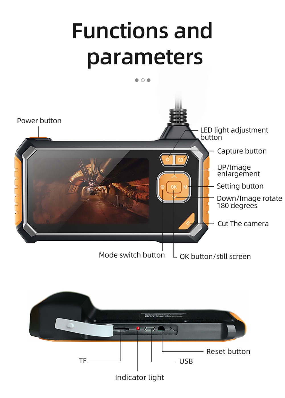 ANESOK 113B Endoscope, 4.3 inch LED Display, Dual Lens, 1080P Resolution, 6 Adjustable LED Lights, 3 Hours Working Time, IP67 Waterproof, 1m Cable - Orange