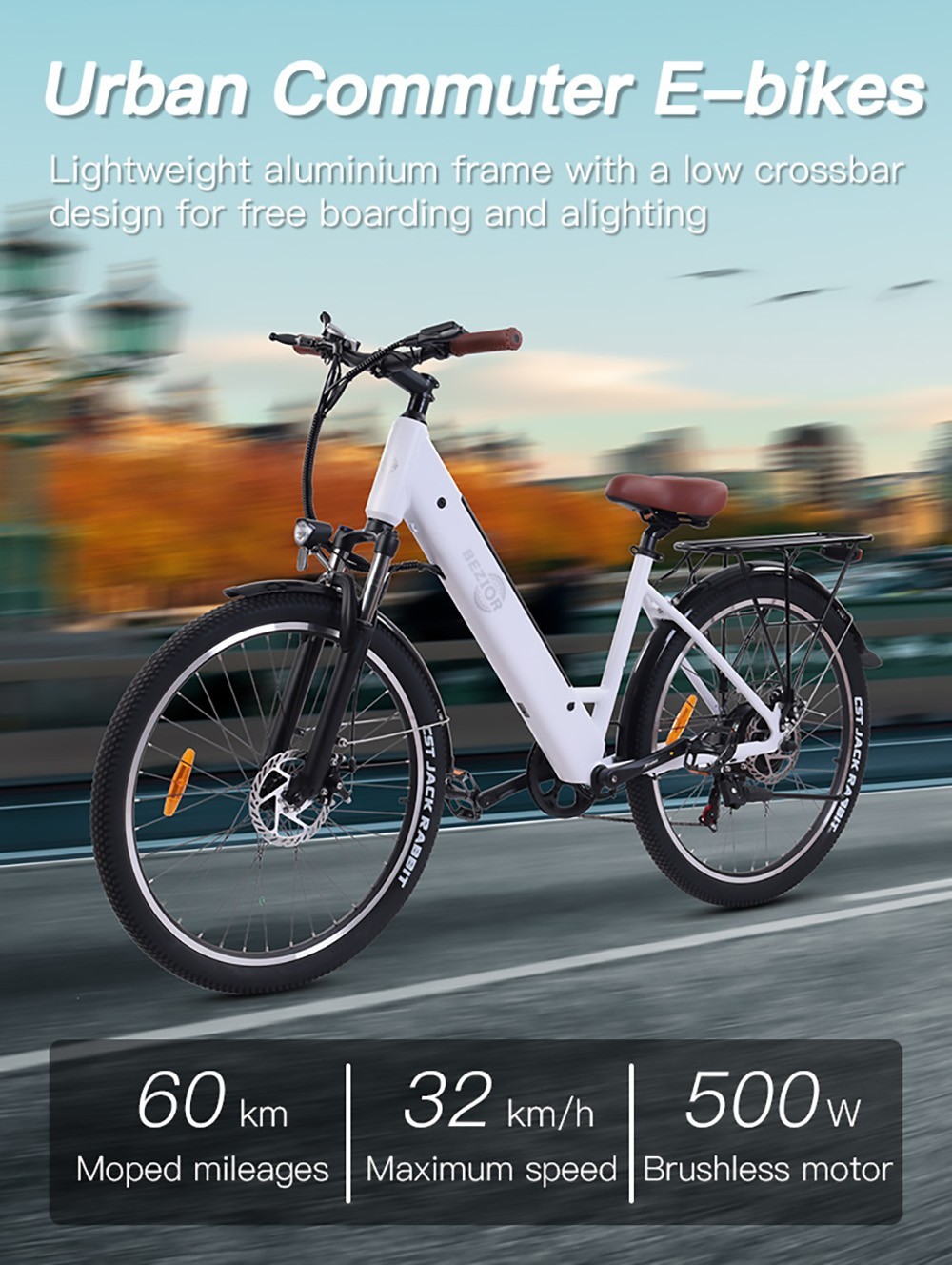 Bezior M3 Electric Bike 48V 500W Motor 32km/h Max Speed 10.4Ah Battery 60km Max Range 26*2.1'' CST Tires Shimano 7 Speed Gear - Black