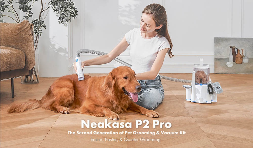 Neakasa P2 Pro Dog Clipper with Pet Hair Vacuum Cleaner, 10500Pa Suction Pet Grooming Set, Pet Hair Clipper with 5 Care Tools, 5 Combs - Blue and White