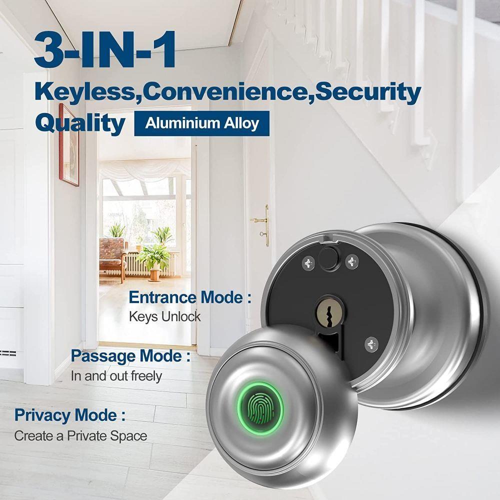 Geek Chef GeekTale K01-05 Smart Door Knob, Biometric Fingerprint Door Lock, App Control, Emergency Backup Keys Suitable for Bedrooms Cloakroom Apartments Offices Hotels - Matte Silver