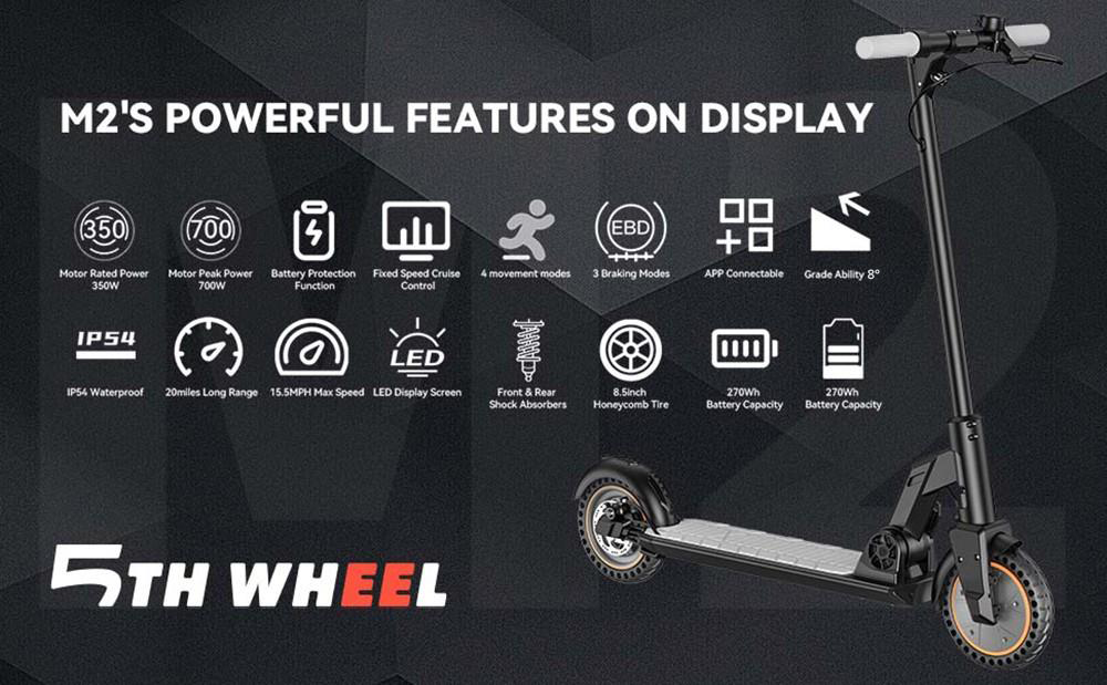 5TH WHEEL M2 Electric Scooter 8.5'' Honeycomb 350W Motor 7.5Ah Battery for 30km Range, 25km/h Max Speed