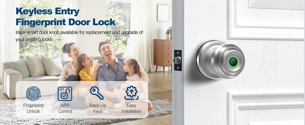 Geek Chef GeekTale K01-05 Smart Door Knob, Biometric Fingerprint Door Lock, App Control, Emergency Backup Keys Suitable for Bedrooms Cloakroom Apartments Offices Hotels - Matte Silver
