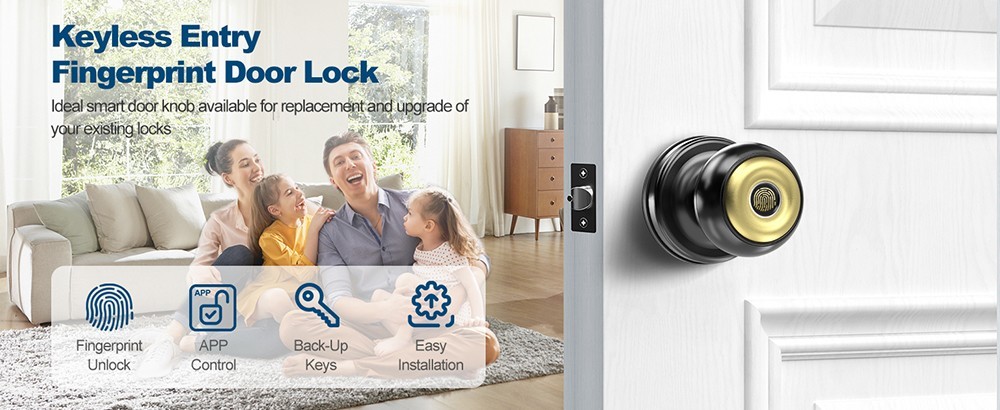 Geek Chef GeekTale K01-05 Smart Door Knob, Biometric Fingerprint Door Lock, App Control, Emergency Backup Keys - Black and Golden