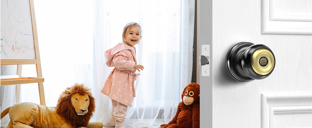 Geek Chef GeekTale K01-05 Smart Door Knob, Biometric Fingerprint Door Lock, App Control, Emergency Backup Keys - Black and Golden