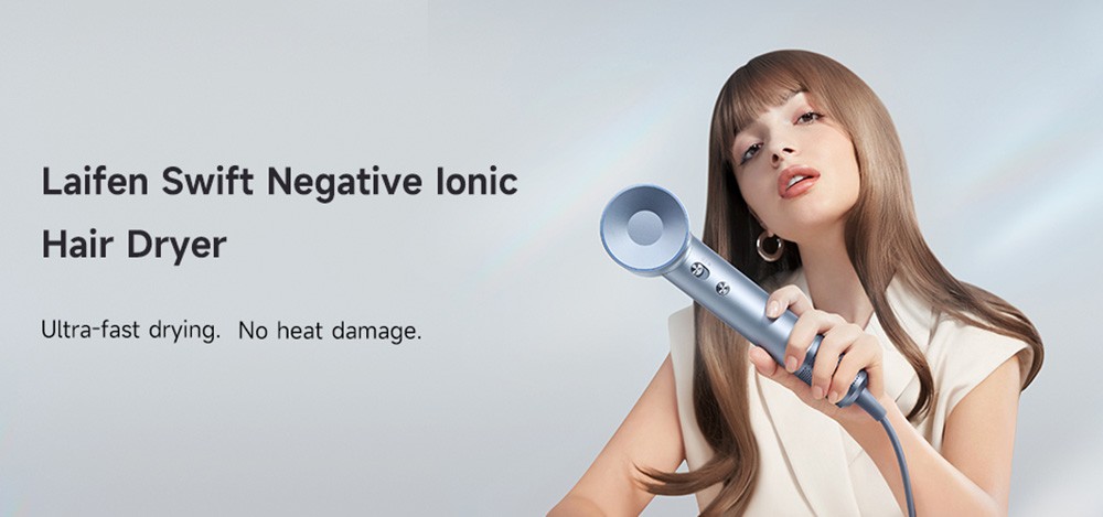 Laifen Swift 1600W High Speed Hair Dryer, Negative Ionic Blow Dryer, 110,000rpm Brushless Motor, 59dB Low Noise, 3 Color LED Light - White