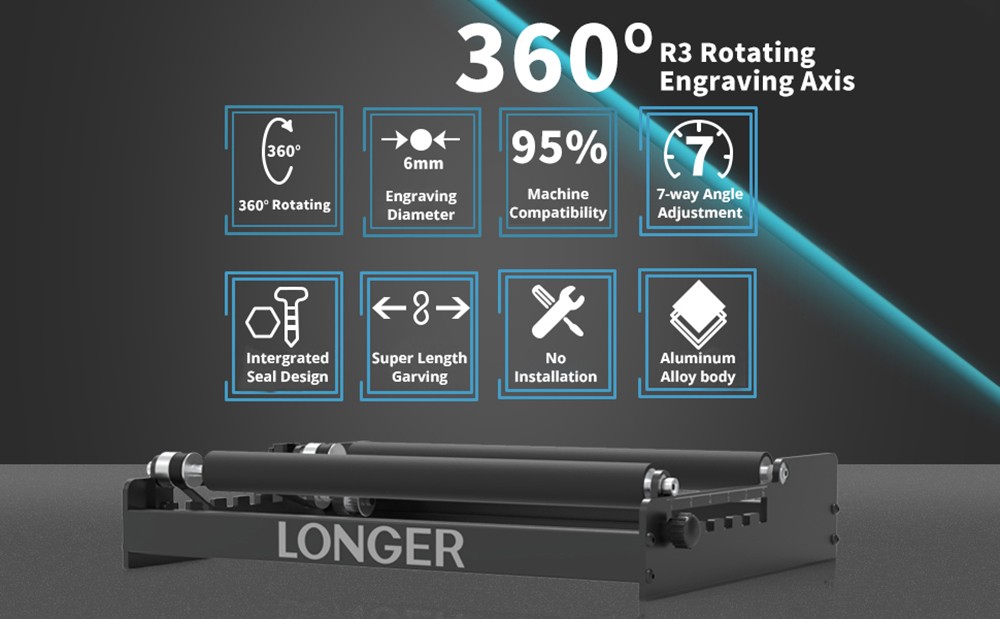 HOSSZABB lézeres forgóhenger, 6-200 mm gravírozási átmérő, 360 fokban forgatható, hengeres tárgyakra, poharakra, tollra, csövekre gravírozás