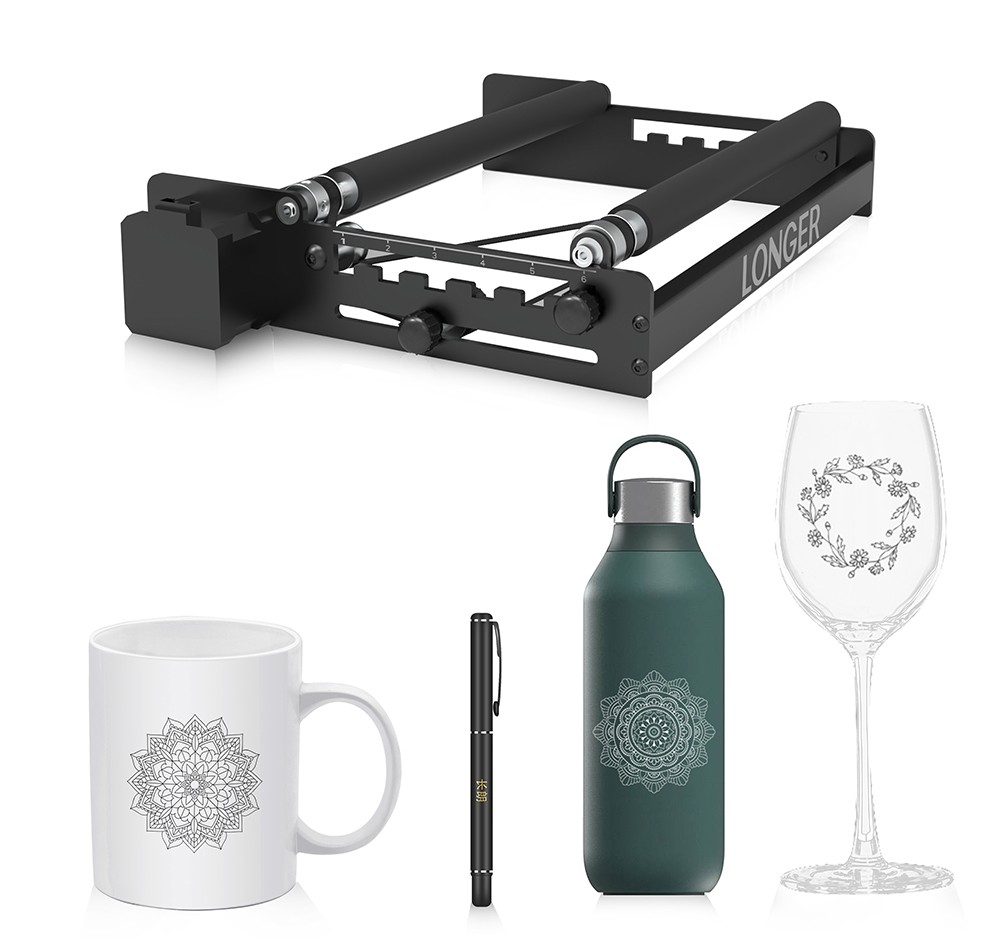 HOSSZABB lézeres forgóhenger, 6-200 mm gravírozási átmérő, 360 fokban forgatható, hengeres tárgyakra, poharakra, tollra, csövekre gravírozás