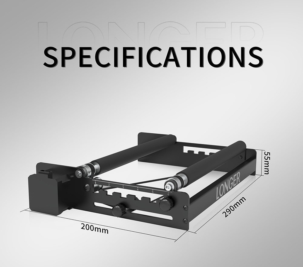 HOSSZABB lézeres forgóhenger, 6-200 mm gravírozási átmérő, 360 fokban forgatható, hengeres tárgyakra, poharakra, tollra, csövekre gravírozás