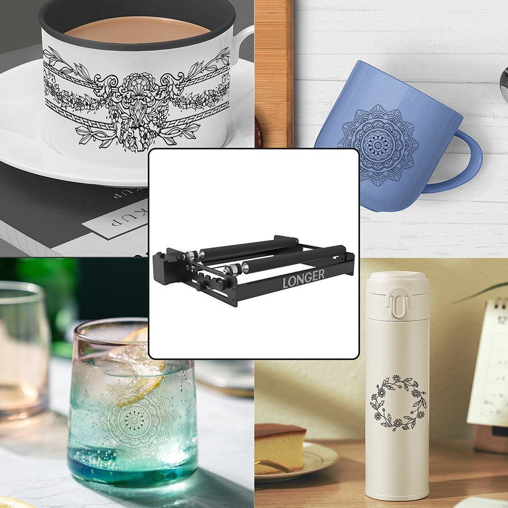 HOSSZABB lézeres forgóhenger, 6-200 mm gravírozási átmérő, 360 fokban forgatható, hengeres tárgyakra, poharakra, tollra, csövekre gravírozás