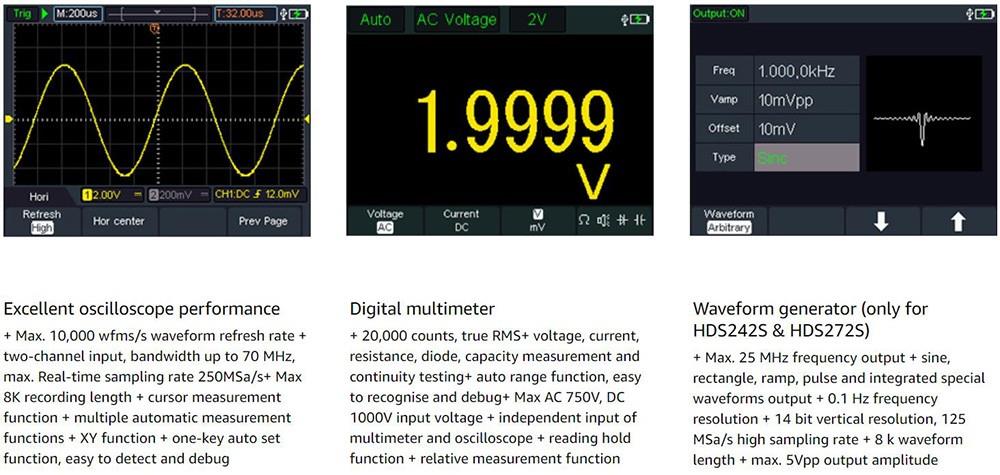 OWON HDS272S 3 in 1 Digital Oscilloscope Multimeter Signal Generator, 70MHz Bandwidth, 250MSa/s Sampling Rate, 20000 Counts - US Plug