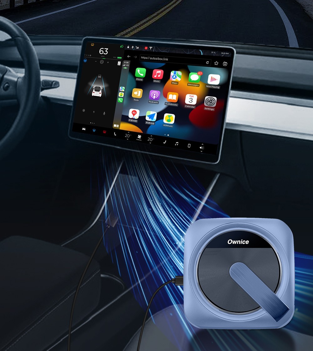 Ownice T3 Wireless Auto Ai Box for Tesla, Dual WiFi, Support CarPlay / AirPlay / Android Auto / MiraCast - Blue