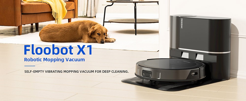 Proscenic X1 Robot Vacuum Cleaner with Self-Empty Base, 3000Pa Suction, 3 Suction Levels, 2.5L Dust Bag Capacity, 250ml Water Tank, 3200mAh Battery, 165Mins Runtime, APP Control - Black