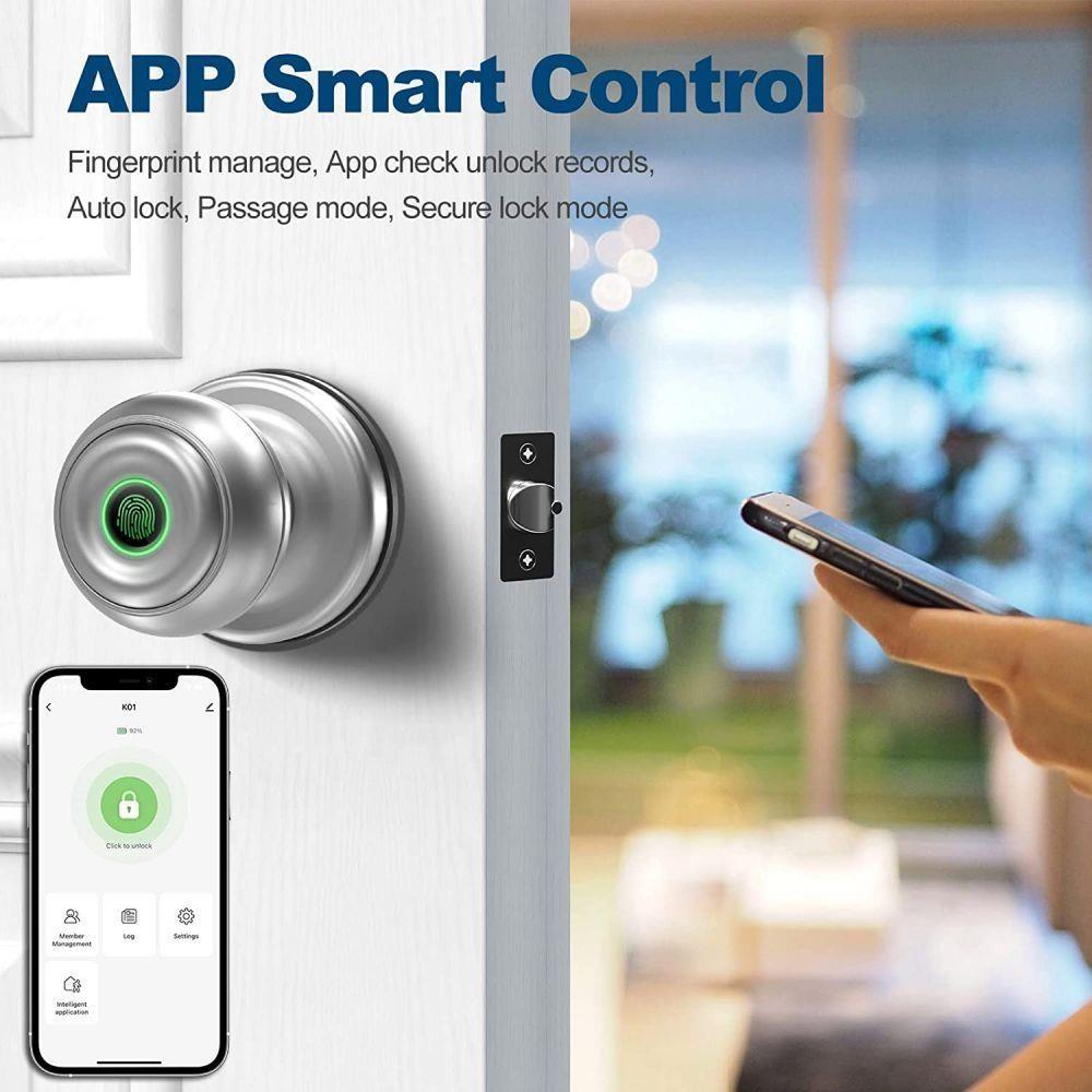 Geek Chef GeekTale K01-05 Smart Door Knob, Biometric Fingerprint Door Lock, App Control, Emergency Backup Keys Suitable for Bedrooms Cloakroom Apartments Offices Hotels - Matte Silver