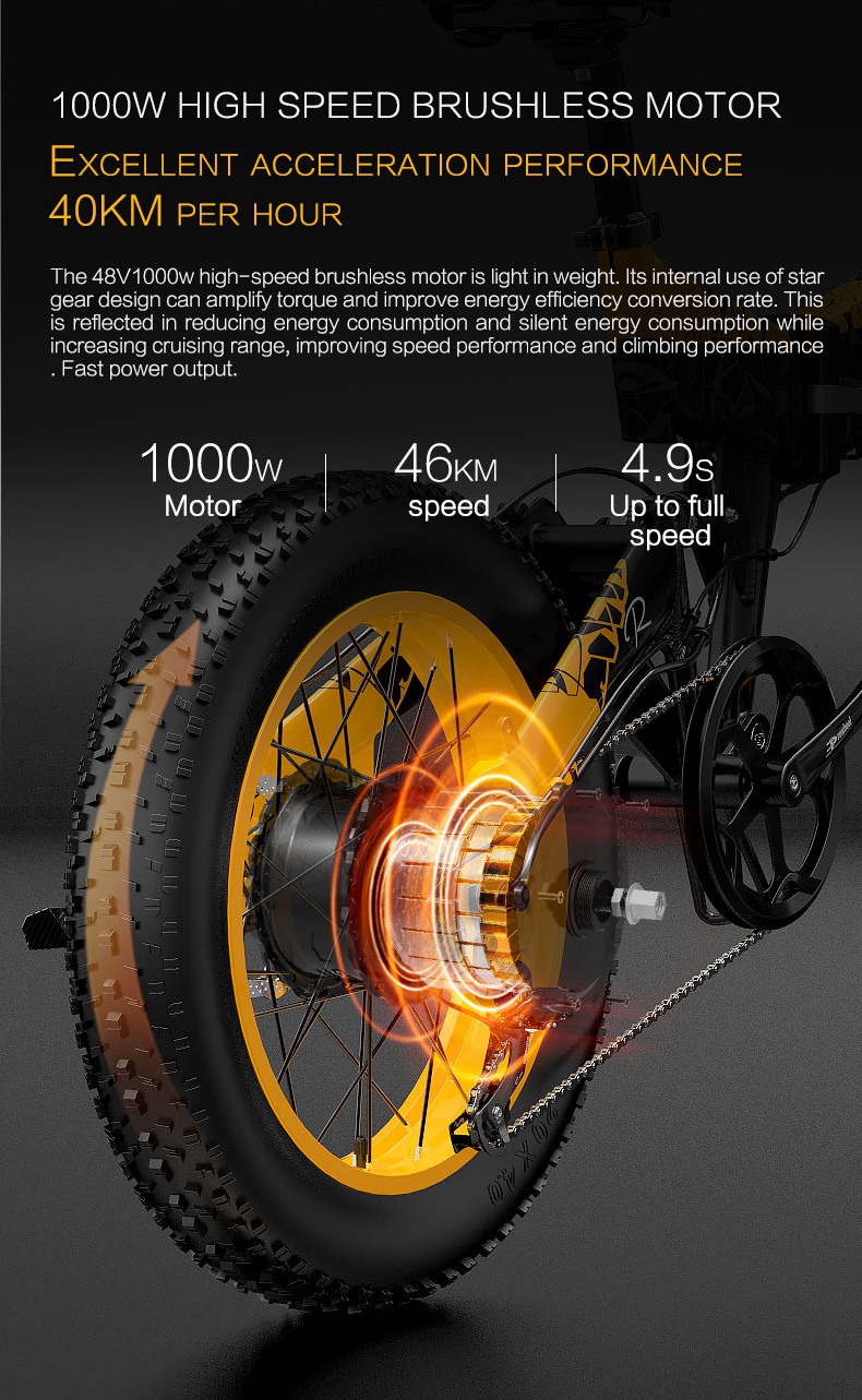 Bezior XF200 Folding Electric Bike 48V 15Ah Battery 1000W Motor 20x4.0 inch Fat Tire Aluminum Alloy Frame Shimano 7-speed Shift Max Speed 40km/h 130KM Power-assisted mileage Range LCD Display IP54 Waterproof - Black Yellow
