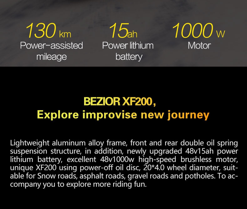 Bezior XF200 Folding Electric Bike 48V 15Ah Battery 1000W Motor 20x4.0 inch Fat Tire Aluminum Alloy Frame Shimano 7-speed Shift Max Speed 40km/h 130KM Power-assisted mileage Range LCD Display IP54 Waterproof - Black Yellow