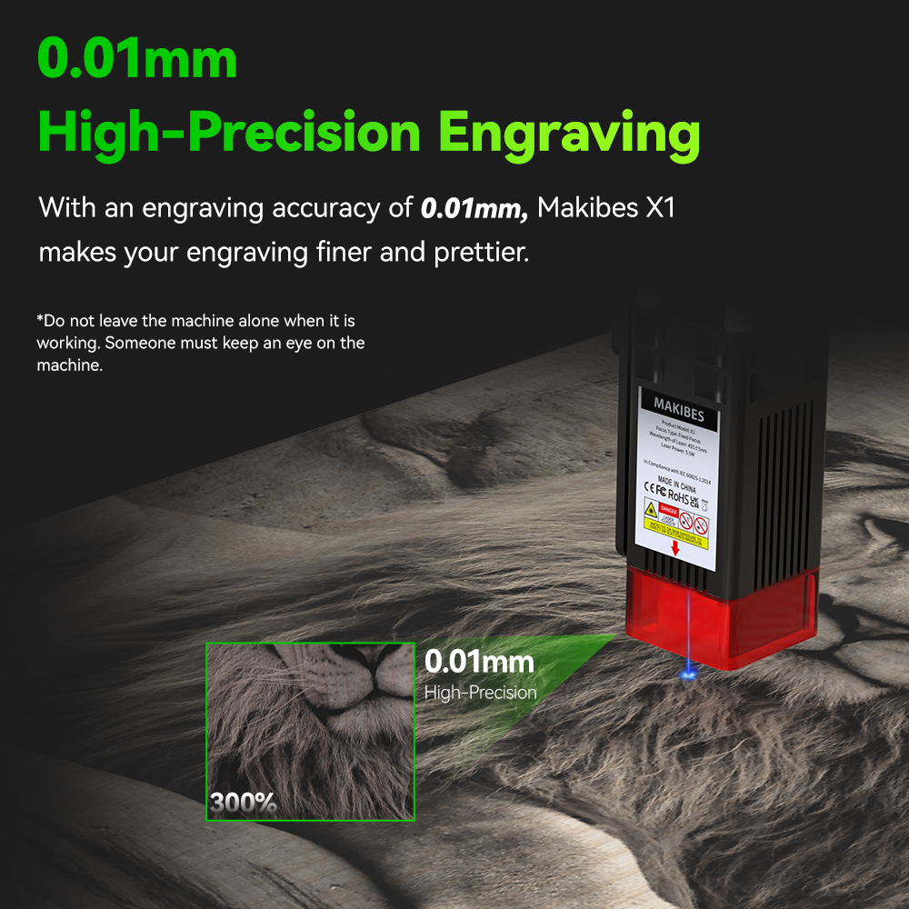 Makibes X1 5.5W Laser Engraver, 0.07*0.08mm Compressed Spot, 0.01mm Accuracy, 8000mm/min Engraving Speed, Engraver On Wood/Paper/Cardboard/Plastic/PCB board/Stainless Steel/Ceramic/Cloth, 410*400mm