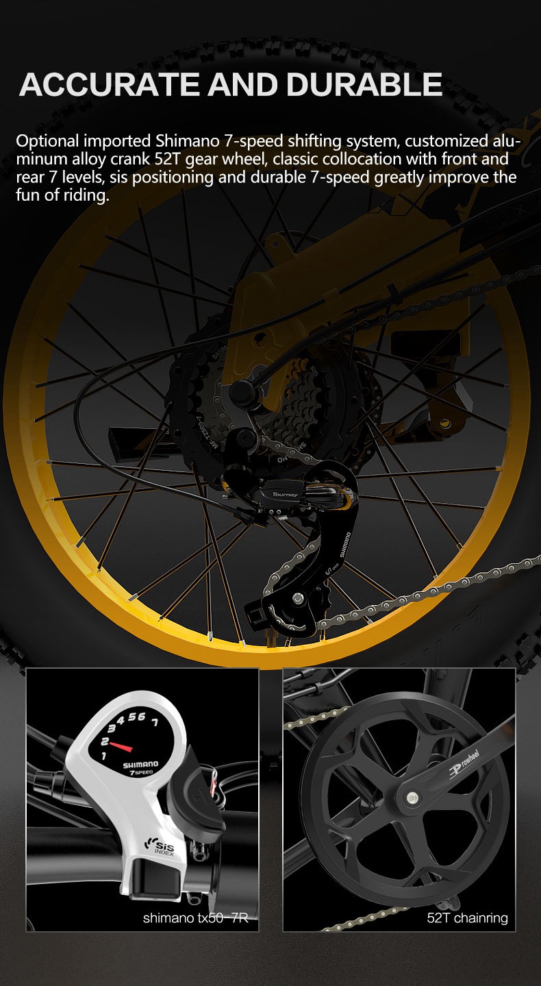 Bezior XF200 Folding Electric Bike 48V 15Ah Battery 1000W Motor 20x4.0 inch Fat Tire Aluminum Alloy Frame Shimano 7-speed Shift Max Speed 40km/h 130KM Power-assisted mileage Range LCD Display IP54 Waterproof - Black Yellow