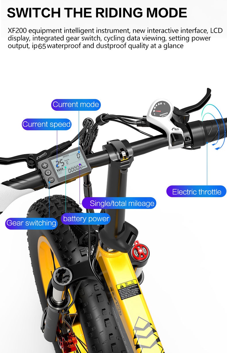 Bezior XF200 Folding Electric Bike 48V 15Ah Battery 1000W Motor 20x4.0 inch Fat Tire Aluminum Alloy Frame Shimano 7-speed Shift Max Speed 40km/h 130KM Power-assisted mileage Range LCD Display IP54 Waterproof - Black Yellow