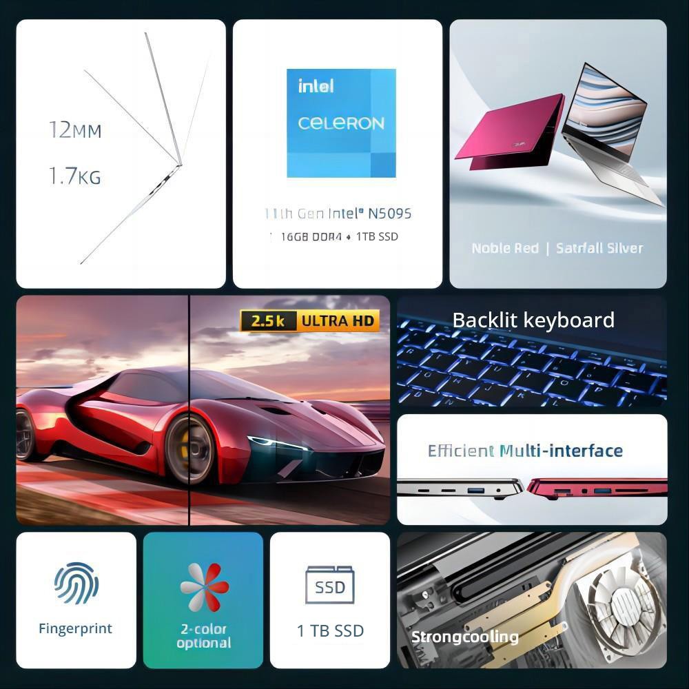DERE M12 15.6'' Laptop Intel Celeron N5095, Intel UHD Graphics, Windows 11 Pro, 16GB DDR4 1TB SSD, Fingerprint Backlit Keyboard - Silver