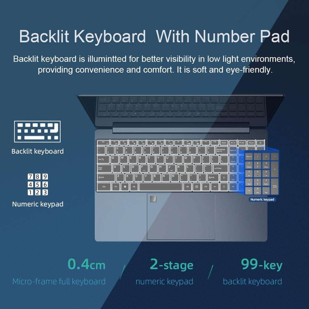 DERE M12 15.6'' Laptop Intel Celeron N5095, Intel UHD Graphics, Windows 11 Pro, 16GB DDR4 512GB SSD, Fingerprint Backlit Keyboard - Silver