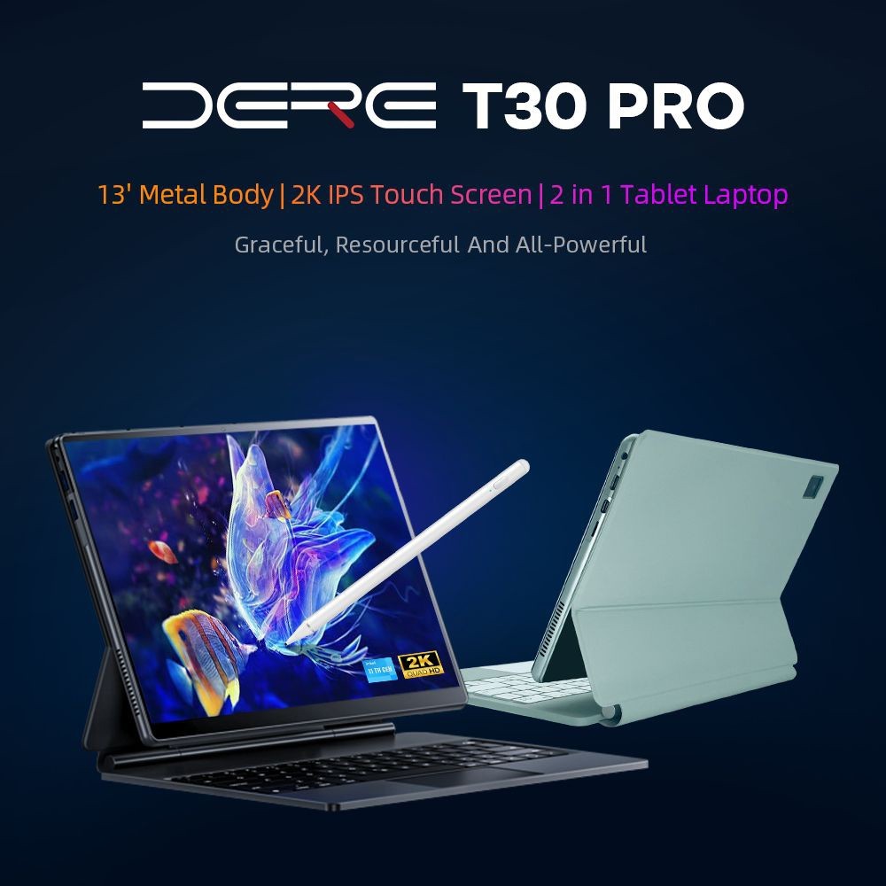 DERE T30 PRO 2-in-1 Laptop 13 inch 2K IPS Touch Screen, Tablet PC/Magic Keyboard + Stylus Pen, 16GB DDR4 1TB SSD Windows 11 Pro, 2.4G & 5G WiFi - Green