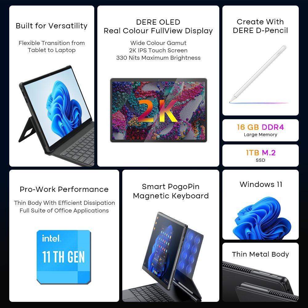 DERE T30 PRO 2-in-1 Laptop 13 inch 2K IPS Touch Screen, Tablet PC/Magic Keyboard + Stylus Pen, 16GB DDR4 1TB SSD Windows 11 Pro, 2.4G & 5G WiFi - Green