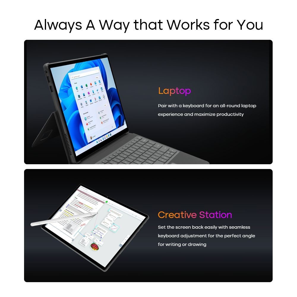 DERE T30 PRO 2-in-1 Laptop 13 inch 2K IPS Touch Screen, Tablet PC/Magic Keyboard + Stylus Pen, 16GB DDR4 1TB SSD Windows 11 Pro, 2.4G & 5G WiFi - Silver
