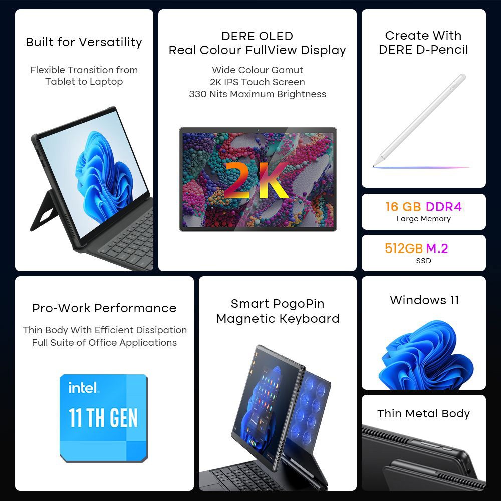 DERE T30 PRO 2-in-1 Laptop 13 inch 2K IPS Touch Screen, Tablet PC/Magic Keyboard + Stylus Pen, 16GB DDR4 512GB SSD Windows 11 Pro, 2.4G & 5G WiFi - Green
