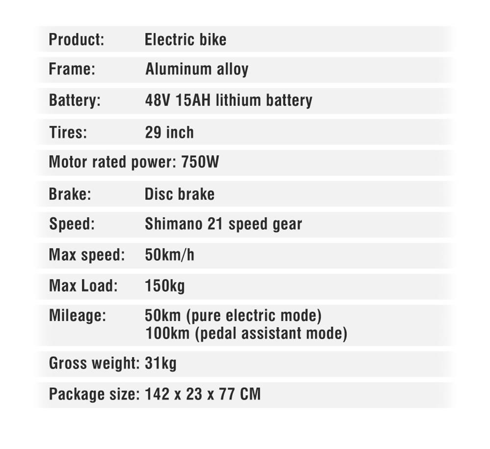 DUOTTS C29 Electric Bike 750W 29*2.1 inch Wheel 48V 15Ah Battery 50km Range 50km/h Max Speed Shimano 21 Speed Gear Electric Mountain Bike with Rear Rack