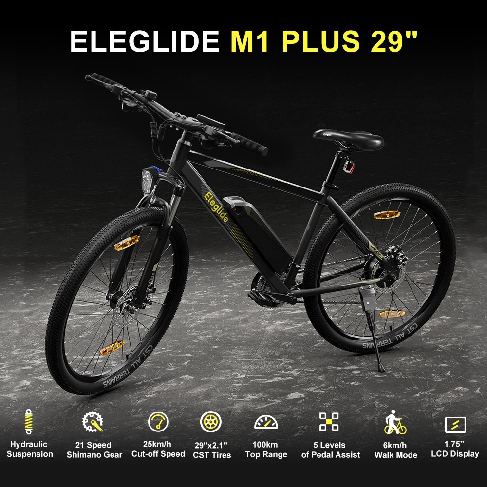 ELEGLIDE M1 PLUS 29 Inch Electric Bike 36V 12.5Ah Battery 100KM Range 250W Brushless Motor 25Km/h Max Speed Shimano 21 Speed Gear 100KM Top Range Dual Disc Brakes Cozy Foam Saddle 29
