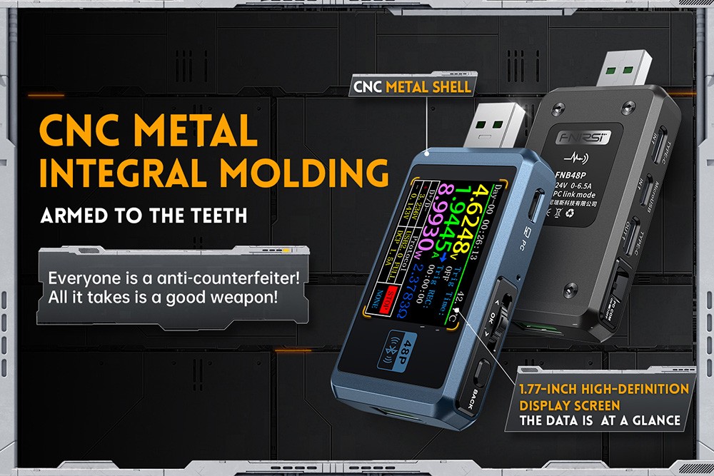 FNIRSI FNB48P USB Voltage Current Tester, Fast Charge Detection, 4-24V Voltage, 6.5A High Current, 4 Function Curves, 5 Ports, Multiple Protocol Triggers, 1.77-inch TFT LCD Display