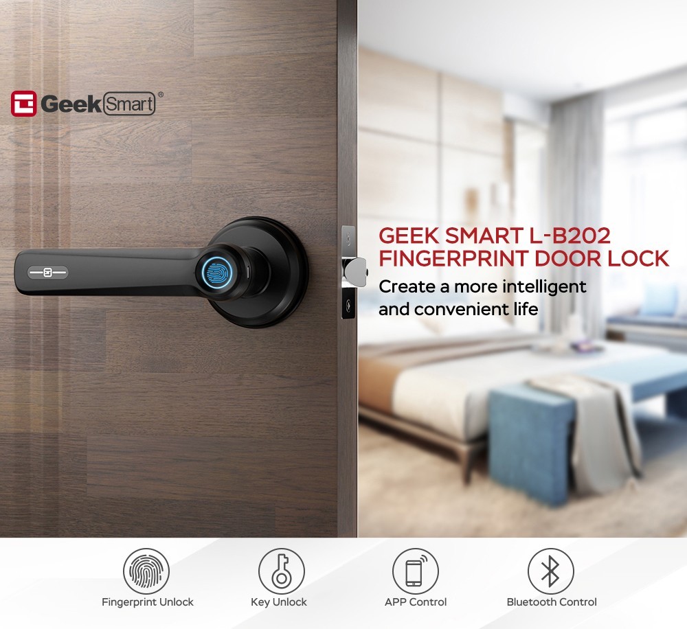 Geek Smart L-B202 3 in 1 Fingerprint Door Lock with Handle, Mechanical Key, APP Remote Control, Auto Lock, for Bedrooms, Homes, Apartments, Office, Hotels - Black