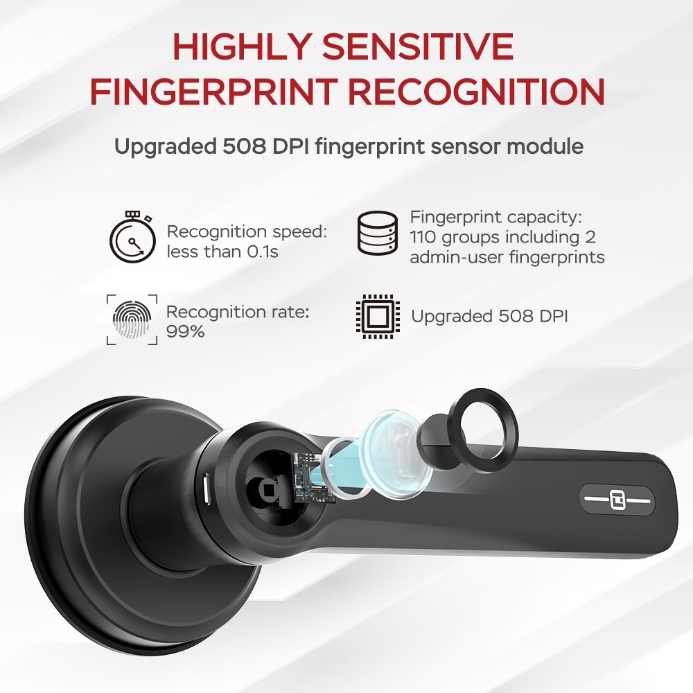 Geek Smart L-B202 3 in 1 Fingerprint Door Lock with Handle, Mechanical Key, APP Remote Control, Auto Lock, for Bedrooms, Homes, Apartments, Office, Hotels - Black