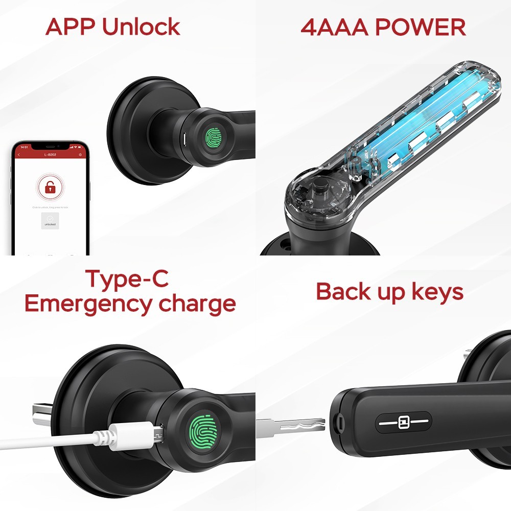 Geek Smart L-B202 3 in 1 Fingerprint Door Lock with Handle, Mechanical Key, APP Remote Control, Auto Lock, for Bedrooms, Homes, Apartments, Office, Hotels - Black