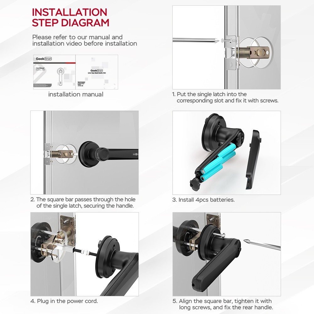 Geek Smart L-B202 3 in 1 Fingerprint Door Lock with Handle, Mechanical Key, APP Remote Control, Auto Lock, for Bedrooms, Homes, Apartments, Office, Hotels - Black