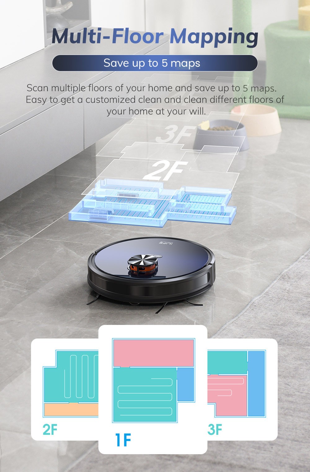 ILIFE T10s Robot Vacuum Cleaner, 2 in 1 Vacuum and Mop, Self-Emptying Station, 3000Pa Suction, 2.5L Dust Bag, LDS Navigation, 150 mins Runtime, Save up to 5 Maps, App & Voice Control - Gradient Blue