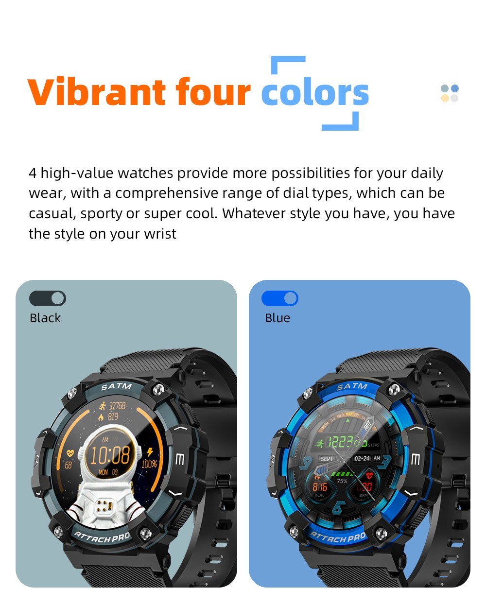 LOKMAT ATTACK 2 Pro Smartwatch 1.39'' TFT LCD Screen Bluetooth 5.2 IP68 Waterproof Heart Rate & Blood Pressure Monitor, Fitness Tracker - Black