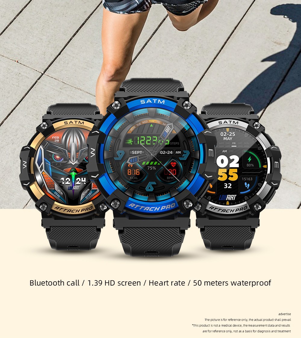 LOKMAT ATTACK 2 Pro Smartwatch 1.39'' TFT LCD Screen Bluetooth 5.2 IP68 Waterproof Heart Rate & Blood Pressure Monitor, Fitness Tracker - Blue