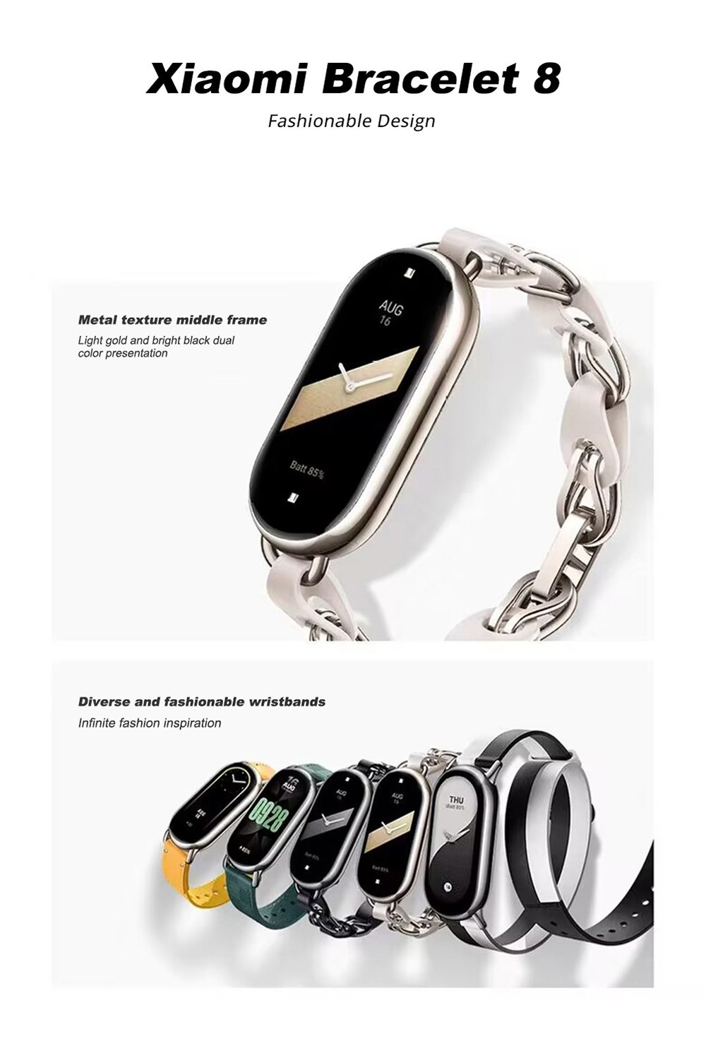 Xiaomi Mi Band 8 Smart Bracelet 1.62'' AMOLED Screen Blood Oxygen Heart Rate Monitor, Fitness Tracker Chinese Version - Light Gold