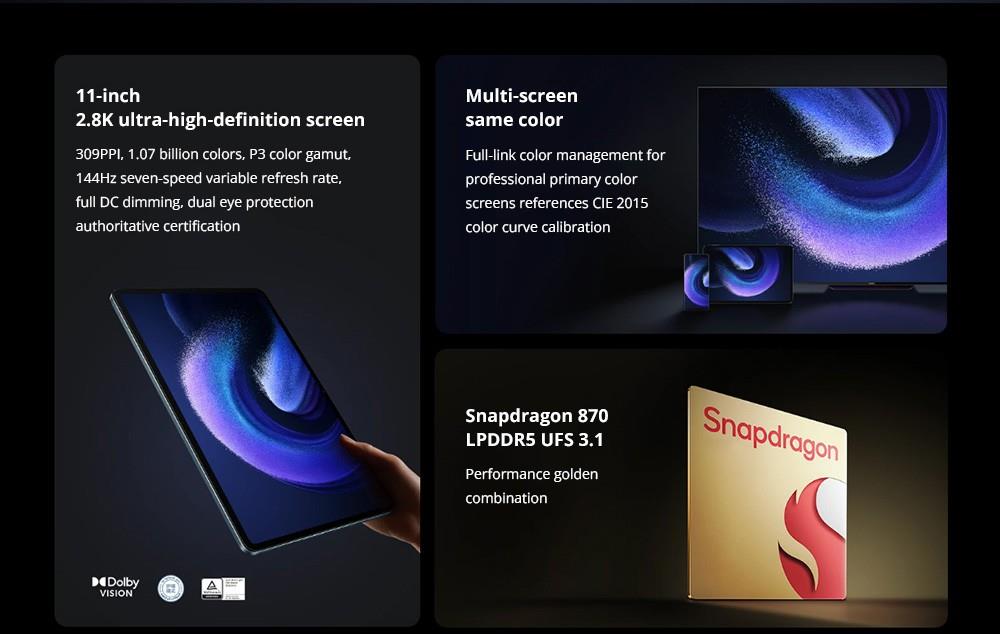 Xiaomi Pad 6 CN Version Snapdragon 870 Processor, Android 13, 8GB RAM 128GB ROM, 13MP Rear Camera 8MP Front Camera Dual-band WiFi - Black