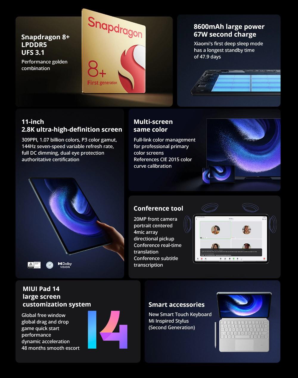 Xiaomi Pad 6 Pro CN Version Snapdragon 8+ Processor, Android 13, 12GB RAM 256GB ROM, 50MP + 20MP Cameras, WiFi 6 - Black