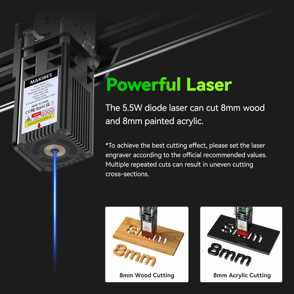 Makibes X1 5.5W Laser Engraver, 0.07*0.08mm Compressed Spot, 0.01mm Accuracy, 8000mm/min Engraving Speed, Engraver On Wood/Paper/Cardboard/Plastic/PCB board/Stainless Steel/Ceramic/Cloth, 410*400mm