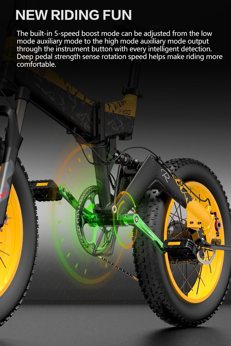 Bezior XF200 Folding Electric Bike 48V 15Ah Battery 1000W Motor 20x4.0 inch Fat Tire Aluminum Alloy Frame Shimano 7-speed Shift Max Speed 40km/h 130KM Power-assisted mileage Range LCD Display IP54 Waterproof - Black Yellow